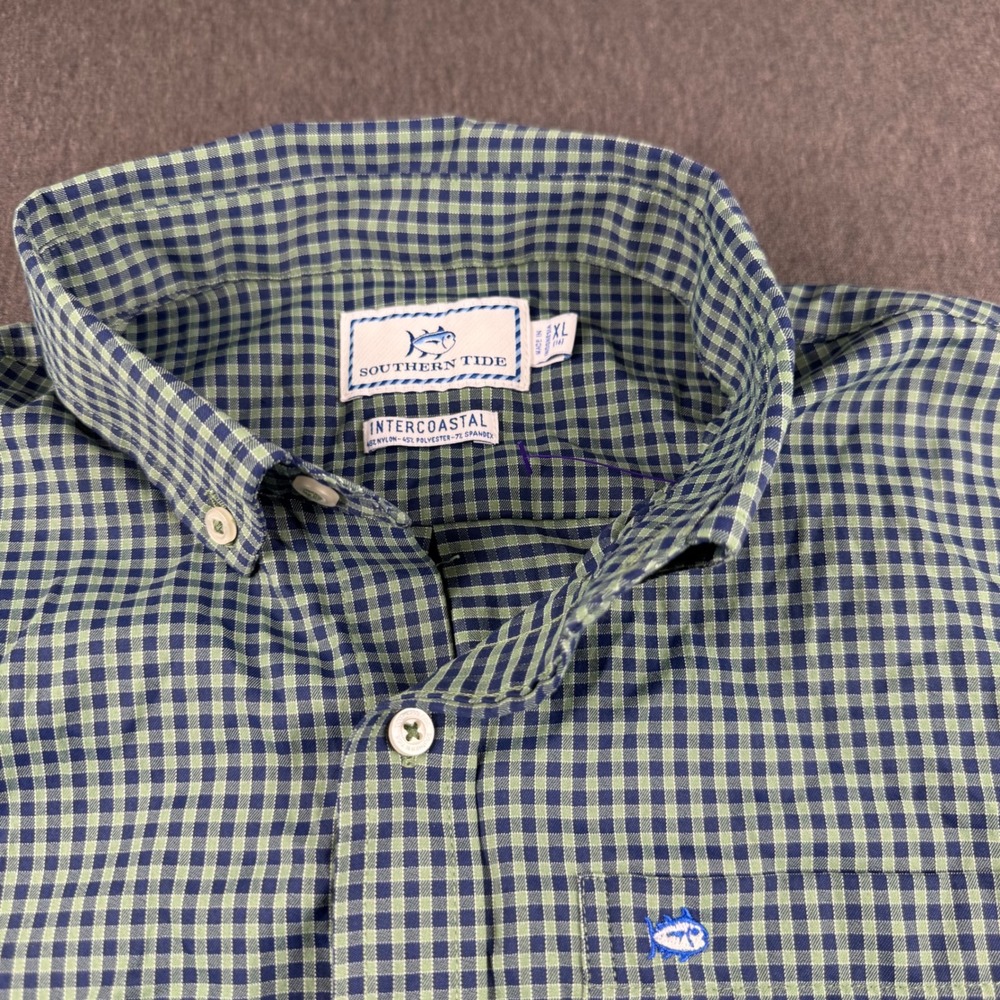 Southern Tide Intercoastal Gingham Button Down Shirt Boys XL 16 Navy Green
